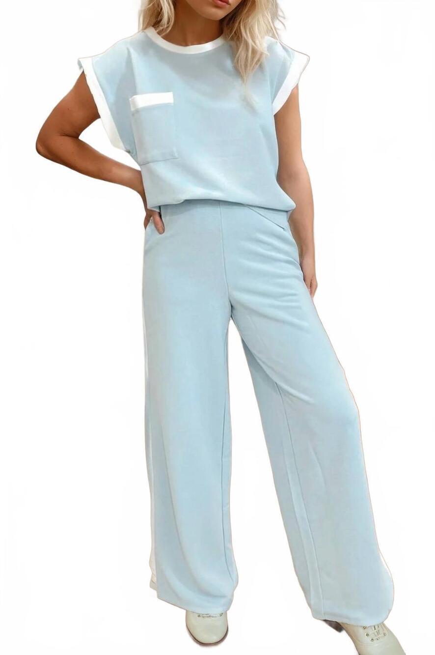 NEW SHEWIN contrast trim pocketed boxy tank wide leg pant set in light blue